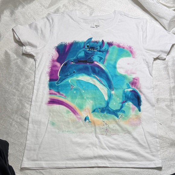 Disney Tops - Disney White Tee with Blue & Purple Stitch and Dolphin Artwork size S